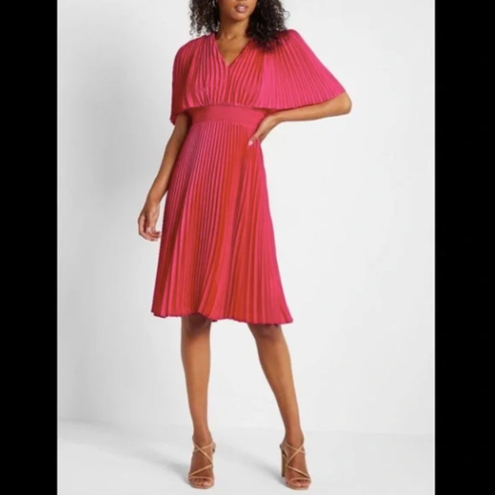 Express Pleated V-Neck Midi Dress in Energy Pink